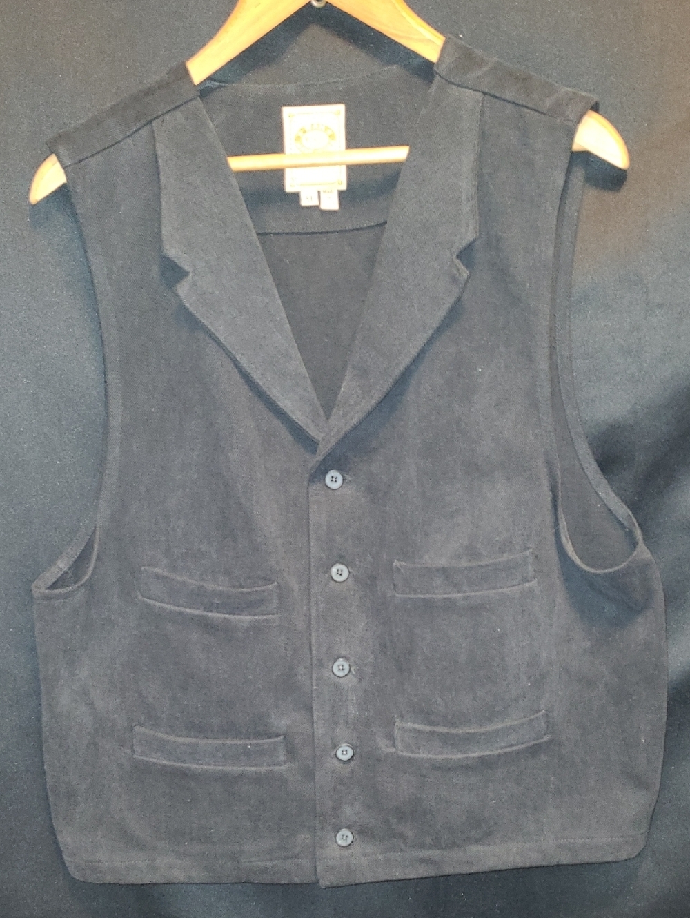 Vintage WAH MAKER Black 100% Cotton Button Front Vest Lapels And Extra Pockets